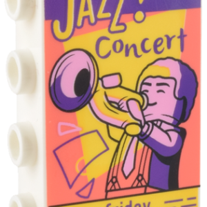 14718pb059 - Panel 1 x 4 x 2 with Side Supports - Hollow Studs with Bright Pink, Coral, Dark Purple, and Yellow Poster of Minifigure with Trumpet, 'JAZZ! Concert', and 'every friday LIVE MUSIC' Pattern