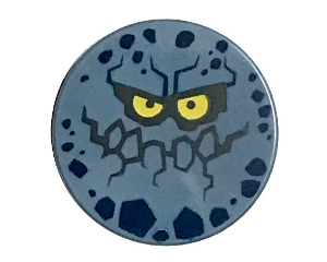 14769pb184 - Tile, Round 2 x 2 with Bottom Stud Holder with Rock Creature Face with Jagged Grin, Dark Blue Spots and Yellow Eyes Pattern