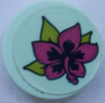 14769pb355 - Tile, Round 2 x 2 with Bottom Stud Holder with Magenta Flower and Lime Leaves on Light Aqua Background Pattern (Sticker) - Set 41316