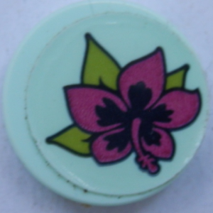 14769pb355 - Tile, Round 2 x 2 with Bottom Stud Holder with Magenta Flower and Lime Leaves on Light Aqua Background Pattern (Sticker) - Set 41316