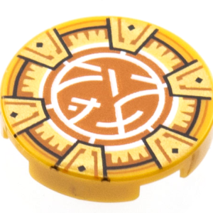 14769pb501 - Tile, Round 2 x 2 with Bottom Stud Holder with Gold Frame with 6 Chevrons, Dark Orange and White Core Logo Pattern
