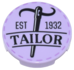 14769pb570 - Tile, Round 2 x 2 with Bottom Stud Holder with Black Needle, Thread, 'EST 1932', 'TAILOR', and Medium Lavender Stitches Pattern