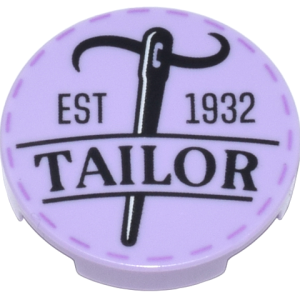 14769pb570 - Tile, Round 2 x 2 with Bottom Stud Holder with Black Needle, Thread, 'EST 1932', 'TAILOR', and Medium Lavender Stitches Pattern