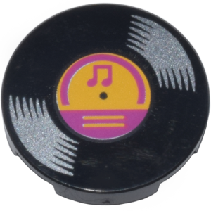 14769pb571 - Tile, Round 2 x 2 with Bottom Stud Holder with Vinyl Record with Bright Light Orange and Magenta Center and Musical Notes Pattern