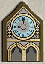 22385pb223 - Tile, Modified 2 x 3 Pentagonal with Clock with Metallic Light Blue Face, Roman Numerals, and Arches Pattern