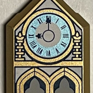 22385pb223 - Tile, Modified 2 x 3 Pentagonal with Clock with Metallic Light Blue Face, Roman Numerals, and Arches Pattern