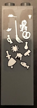 2454pb149 - Brick 1 x 2 x 5 with Skeleton, Broom, Pretzel, Rat, Spider, Fish and Crown Pattern (Sticker) - Set 71043