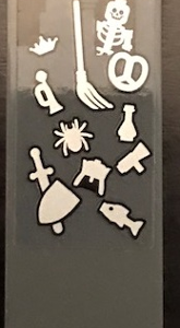 2454pb149 - Brick 1 x 2 x 5 with Skeleton, Broom, Pretzel, Rat, Spider, Fish and Crown Pattern (Sticker) - Set 71043