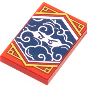 26603pb214 - Tile 2 x 3 with White Stern Eyes and Clouds on Dark Blue Background with Gold Trim Pattern (Ninjago Stealth Banner)