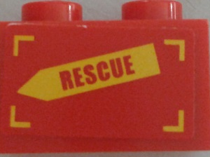 3004pb157L - Brick 1 x 2 with 'RESCUE' on Yellow Arrow Pattern Model Left Side (Sticker) - Set 60010