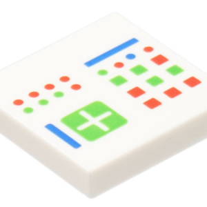 3068bpb2032 - Tile 2 x 2 with Groove with Computer Console with Crosspatch and Bright Green, Red and Blue Lights, Buttons, and Lines Pattern