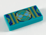 3069bpb0763 - Tile 1 x 2 with Groove with Gold Lattice with Dark Blue and Bright Light Blue Trim Pattern