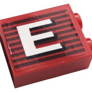 3245cpb144R - Brick 1 x 2 x 2 with Inside Stud Holder with Gray Stripes and White Capital Letter E Pattern Model Right Side (Sticker) - Set 10272