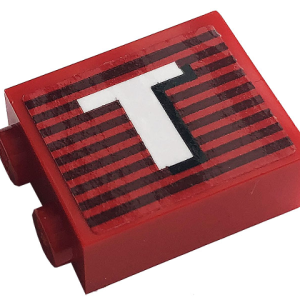 3245cpb146L - Brick 1 x 2 x 2 with Inside Stud Holder with Gray Stripes and White Capital Letter T Pattern Model Left Side (Sticker) - Set 10272