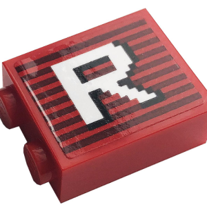 3245cpb148 - Brick 1 x 2 x 2 with Inside Stud Holder with Gray Stripes and White Capital Letter R Pattern (Sticker) - Set 10272