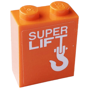 3245cpb165 - Brick 1 x 2 x 2 with Inside Stud Holder with White 'SUPER LIFT' and Hook Pattern (Sticker) - Set 60233