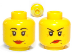 3626cpb0366 - Minifigure, Head Dual Sided Female Red Lips, Crow's Feet and Beauty Mark, Smile / Annoyed Pattern - Hollow Stud