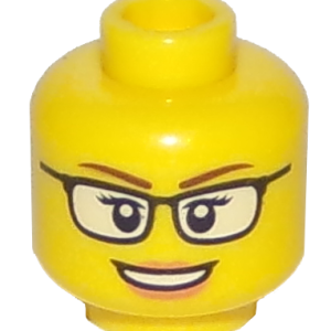 3626cpb1567 - Minifigure, Head Female Black Glasses with White Lenses, Reddish Brown Eyebrows, Nougat Lips, and Open Mouth Smile with Teeth Pattern - Hollow Stud