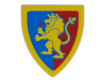 3846pb063 - Minifigure, Shield Triangular  with Yellow Lion with Raised Foot on Blue and Red Background with Border Pattern