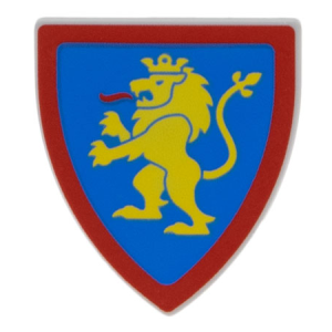 3846pb064 - Minifigure, Shield Triangular  with Yellow Lion Standing with Raised Foot on Blue Background with Red Border Pattern