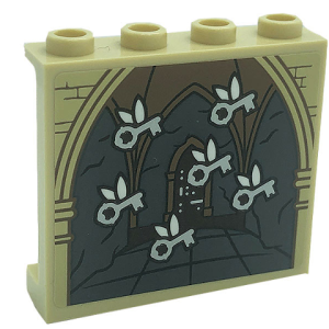 60581pb183 - Panel 1 x 4 x 3 with Side Supports - Hollow Studs with Flying Keys, Arch and Bricks Pattern (Sticker) - Set 71043