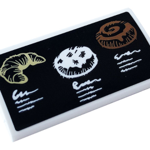 88930pb138 - Slope, Curved 2 x 4 x 2/3 with Bottom Tubes with Tan Croissant, White Donut / Doughnut, and Reddish Brown Cake on Black Background Pattern (Sticker) - Set 60233