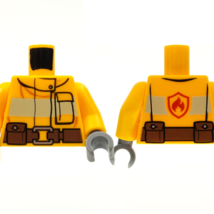 973pb1011c01 - Torso Fire Suit with Stripe and Brown Utility Belt and Fire Logo on Back Pattern / Bright Light Orange Arms / Dark Bluish Gray Hands