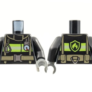 973pb1302c01 - Torso Fire Reflective Stripes with Utility Belt, Gauge, and Fire Badge on Back Pattern / Black Arms / Dark Bluish Gray Hands