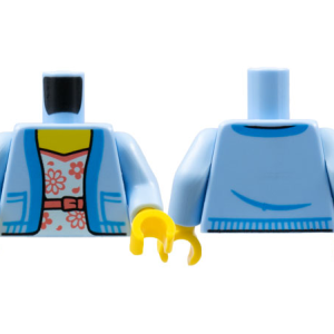 973pb4540c01 - Torso Female Jacket Open with Pockets over White and Coral Shirt with Belt and Flowers Pattern / Bright Light Blue Arms / Yellow Hands