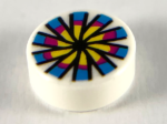 98138pb119 - Tile, Round 1 x 1 with Yellow, Magenta and Dark Azure Flower and Chinese Pellet Drum Pattern