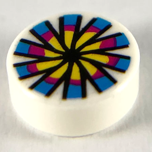98138pb119 - Tile, Round 1 x 1 with Yellow, Magenta and Dark Azure Flower and Chinese Pellet Drum Pattern