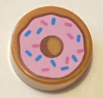 98138pb182 - Tile, Round 1 x 1 with Donut / Doughnut with Bright Pink Frosting and Dark Azure and Dark Pink Sprinkles Pattern