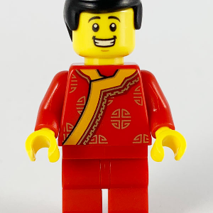 hol186 - Toy Vendor, Black Hair, Red Changshan with Bright Light Orange Wide Hem, Gold Circles Pattern