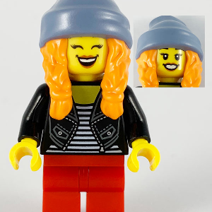 hol191 - Woman, Sand Blue Stocking Cap, Orange Braids, Black Jacket, Striped Shirt, Red Legs
