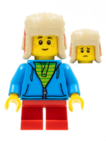 hol194 - Child Boy, Red Ushanka Hat, Dark Azure Hoodie, Lime Shirt, Red Short Legs