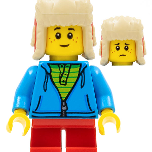 hol194 - Child Boy, Red Ushanka Hat, Dark Azure Hoodie, Lime Shirt, Red Short Legs