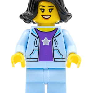 hol261 - Woman, Black Hair, Bright Light Blue Jacket, Dark Purple Star Shirt, Bright Light Blue Legs