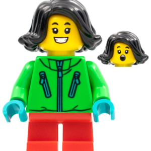 hol275 - Child Girl, Bright Green Jacket, Black Hair, Red Short Legs
