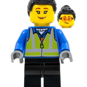 hol279 - Woman, Black Hair, Blue Coat, Lime Safety Vest, Black Legs