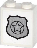 3245cpb024 - Brick 1 x 2 x 2 with Inside Stud Holder with Silver Police Badge Pattern (Sticker) - Sets 60044 / 60046