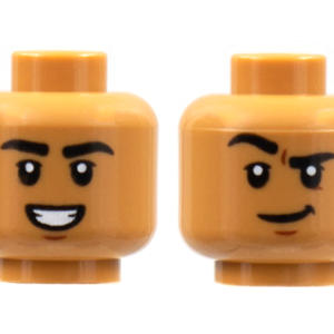 3626cpb2884 - Minifigure, Head Dual Sided, Black Eyebrows, Smile with Teeth / Grin with Raised Eyebrow Right Pattern - Hollow Stud