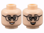 3626cpb3129 - Minifigure, Head Dual Sided Female, Black Eyebrows and Glasses, Peach Lips, Grin with Teeth / Open Mouth Smile Pattern - Hollow Stud