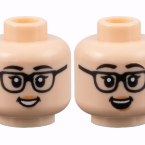 3626cpb3129 - Minifigure, Head Dual Sided Female, Black Eyebrows and Glasses, Peach Lips, Grin with Teeth / Open Mouth Smile Pattern - Hollow Stud