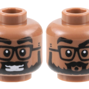 3626cpb3153 - Minifigure, Head Dual Sided Black Eyebrows, Glasses, and Full Beard, Smile with Teeth / Pucker Pattern - Hollow Stud
