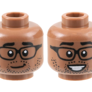 3626cpb3154 - Minifigure, Head Dual Sided Black Eyebrows, Glasses, Stubble, Lopsided Grin / Smile with Teeth Pattern - Hollow Stud