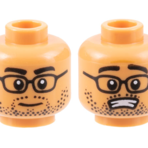 3626cpb3159 - Minifigure, Head Dual Sided Black Eyebrows, Glasses, and Stubble, Neutral / Scared with Open Mouth Pattern - Hollow Stud