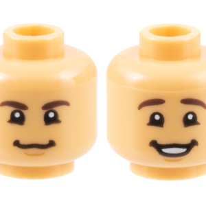 3626cpb3160 - Minifigure, Head Dual Sided Dark Brown Eyebrows, Chin Dimple, Grin / Smile with Teeth Pattern - Hollow Stud