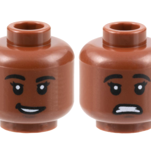 3626cpb3162 - Minifigure, Head Dual Sided Female, Black Eyebrows, Dark Brown Chin Dimple, Open Mouth, Lopsided Smile / Scared Pattern - Hollow Stud