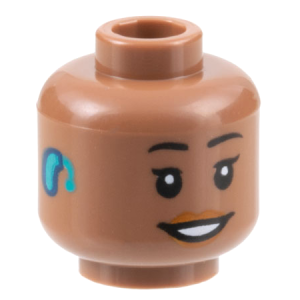 3626cpb3166 - Minifigure, Head Female Black Eyebrows, Dark Orange Lips, Smile, Dark Turquoise and Blue Hearing Aid Right Pattern - Hollow Stud