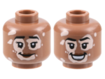 3626cpb3169 - Minifigure, Head Dual Sided Female Black Eyebrows, Light Nougat Vitiligo, Reddish Brown Lips, Grin / Open Mouth Smile Pattern - Hollow Stud